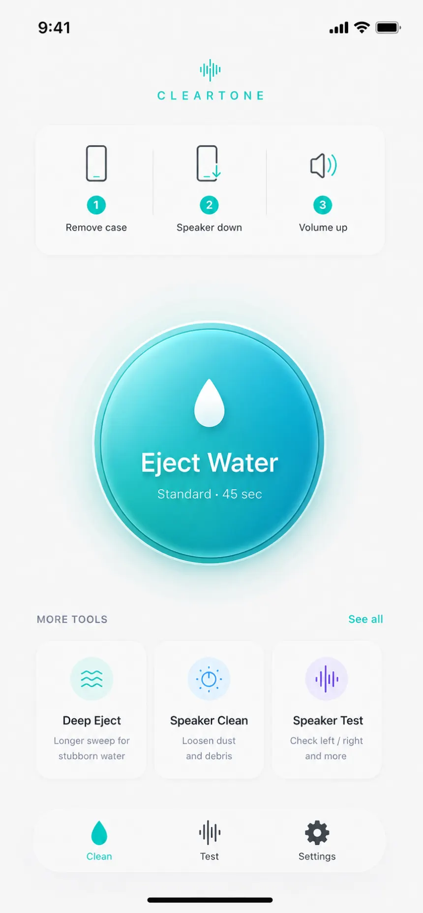 RippleOut home screen showing preparation steps and the Eject Water button